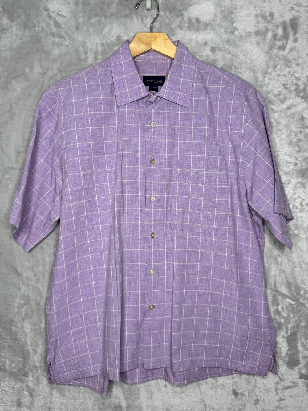 Scott Barber Shirt Mens Large Lavender Windowpane Plaid Short Sleeve Cotton